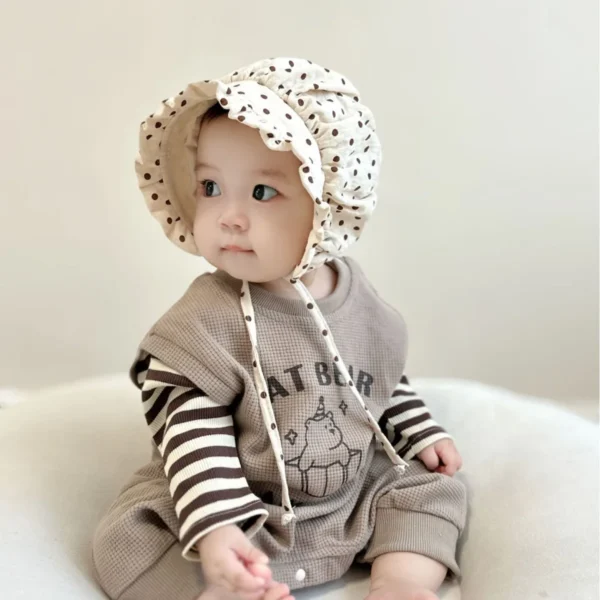 2025 Spring New 0-12M Royal Baby Girl Hat With Lace Brim And Polka Dots Ear Flap For 0-9 Months Infant Princess Headwear Caps